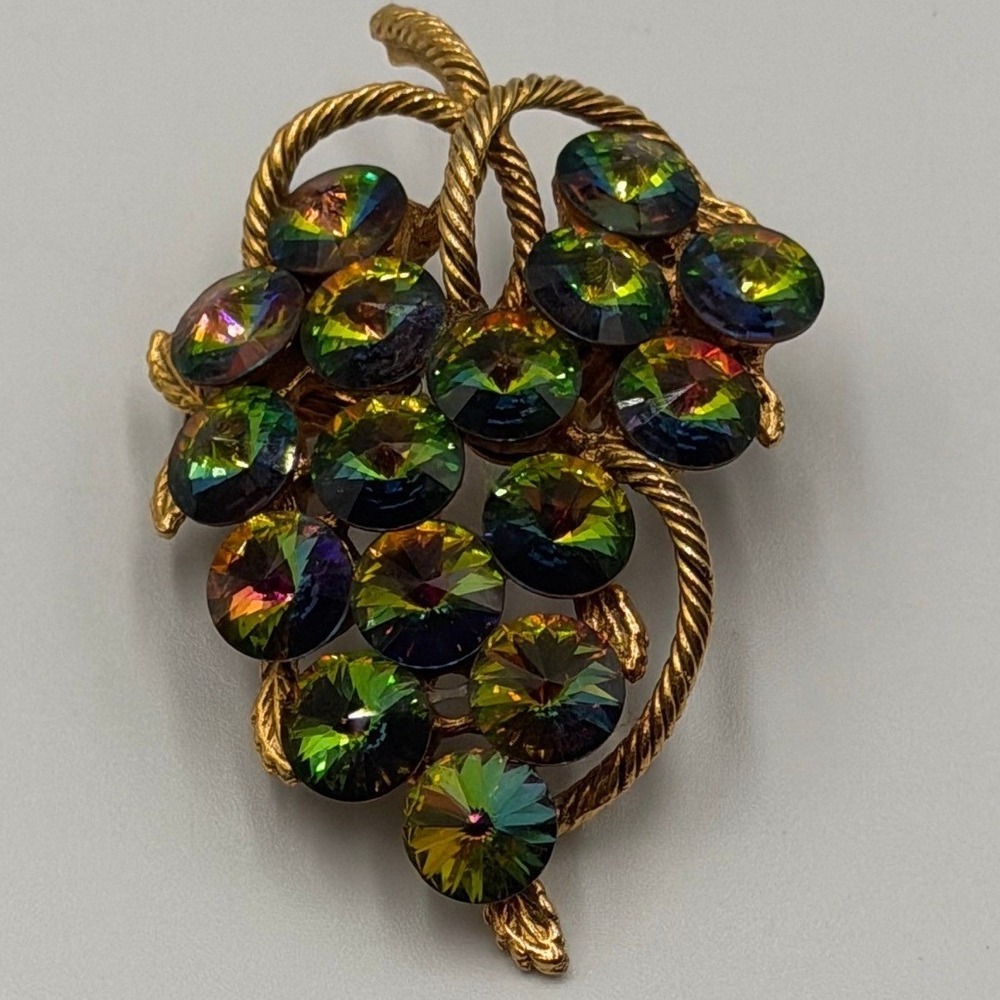 Vintage Gold Tone Watermelon Rivoli Rhinestone Grape Cluster Brooch Pin